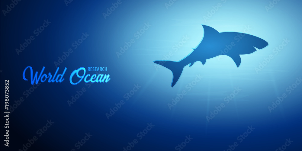 Naklejka premium Underwater background with sun rays and silhouette of Shark. Deep Ocean banner. Color vector illustration