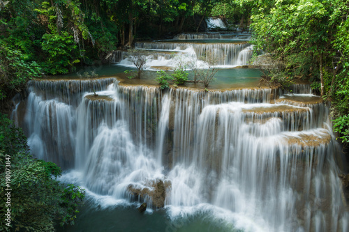 Huay Mae Khamin waterfalls in deep forest at Srinakarin National Park  Kanchanaburi  A beautiful stream water famous rainforest waterfall in Thailand