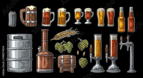Beer set with tap, class, can, bottle and tanks from brewery factory. photo
