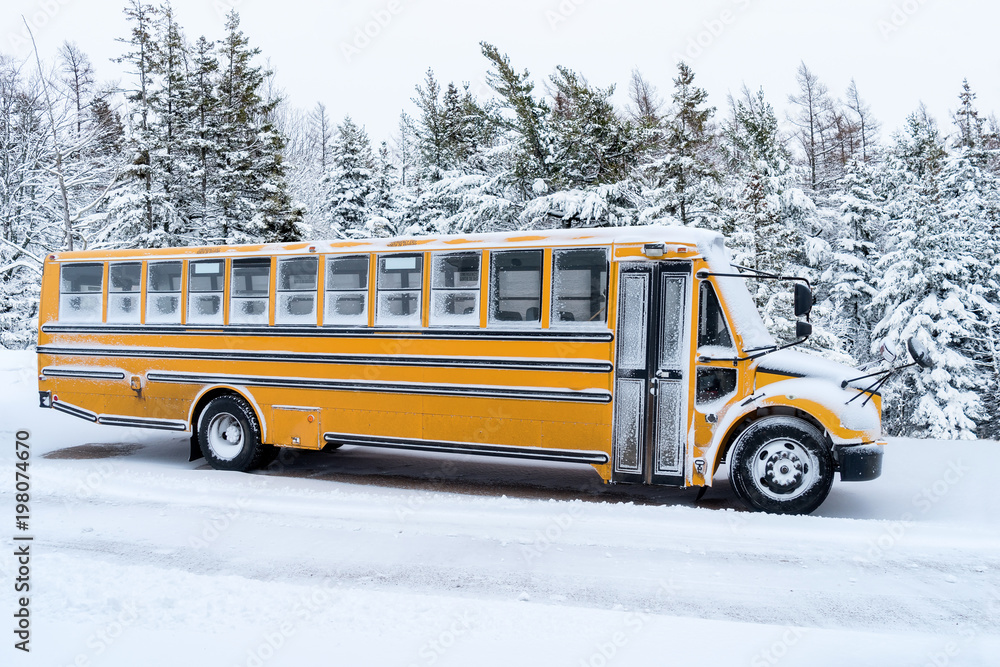 School bus dusted with light covering of snow.