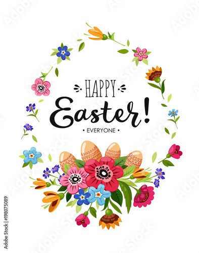 Happy Easter card with lettering and flowers and Easter Eggs