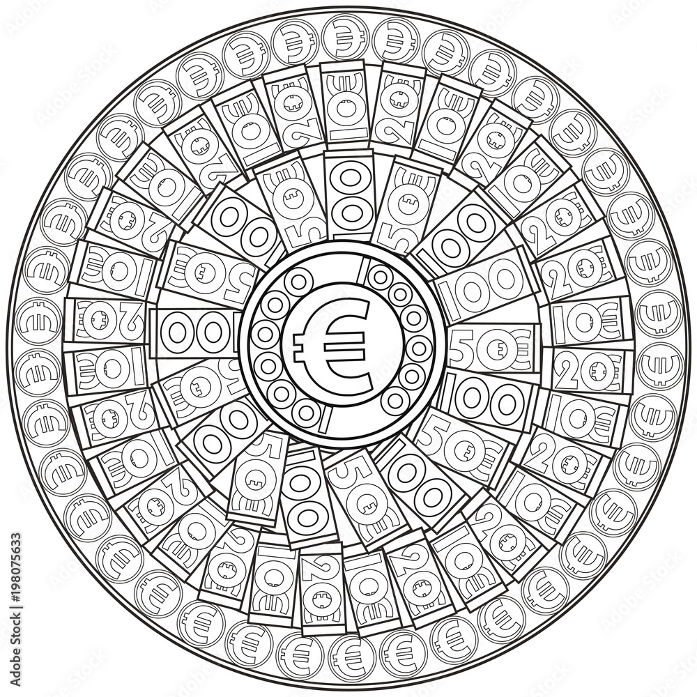 Euros. Coloring page for adults. Mandala to attract money.
