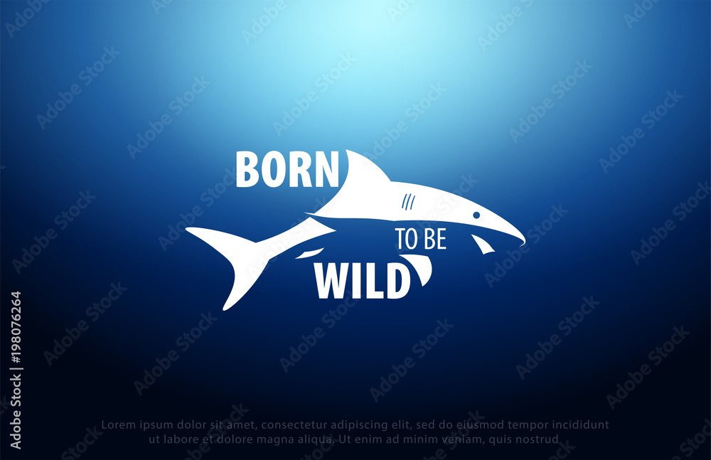 Obraz premium Shark logo with Underwater background with sun rays. Deep Ocean. Color vector illustration