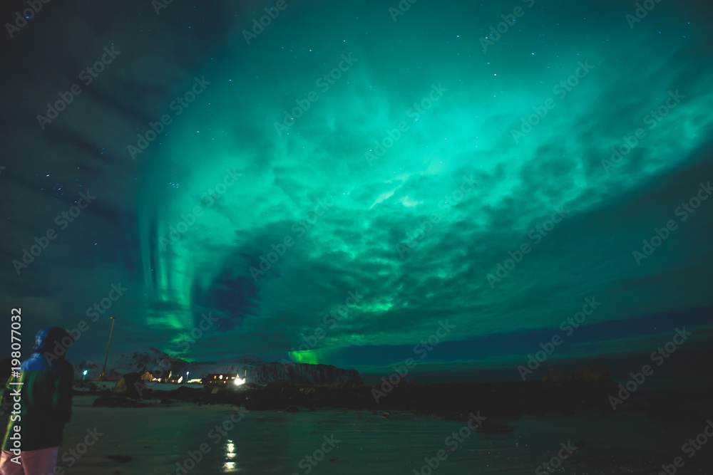 Beautiful picture of massive multicolored green vibrant Aurora Borealis, Aurora Polaris, also know as Northern Lights in the night sky over Norway, Lofoten Islands