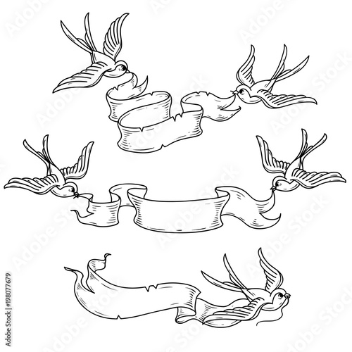 Swallows carry ribbon.Vintage ribbon for design. Black and white illustration