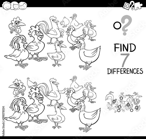 differences game with farm chickens coloring book