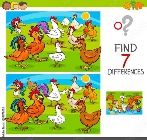 find differences game with chickens animal characters