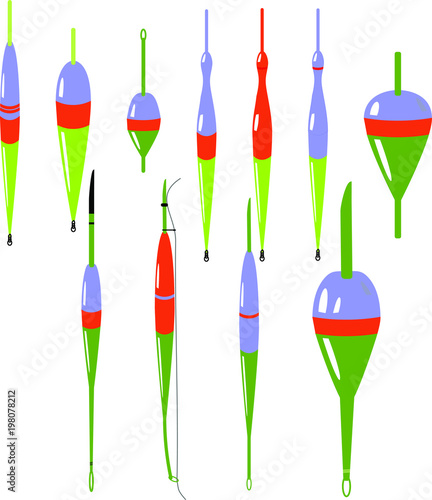 Vector set of fishing float. Colorful drawing on white background. Can be used in postcards, posters, textiles, logo for fishing club.