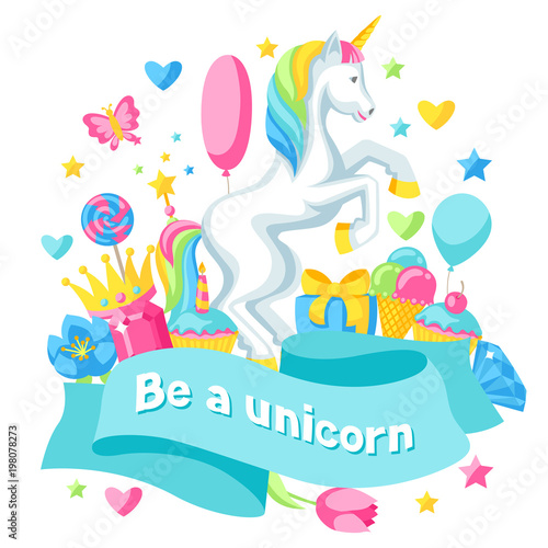 Print or card with unicorn and fantasy items