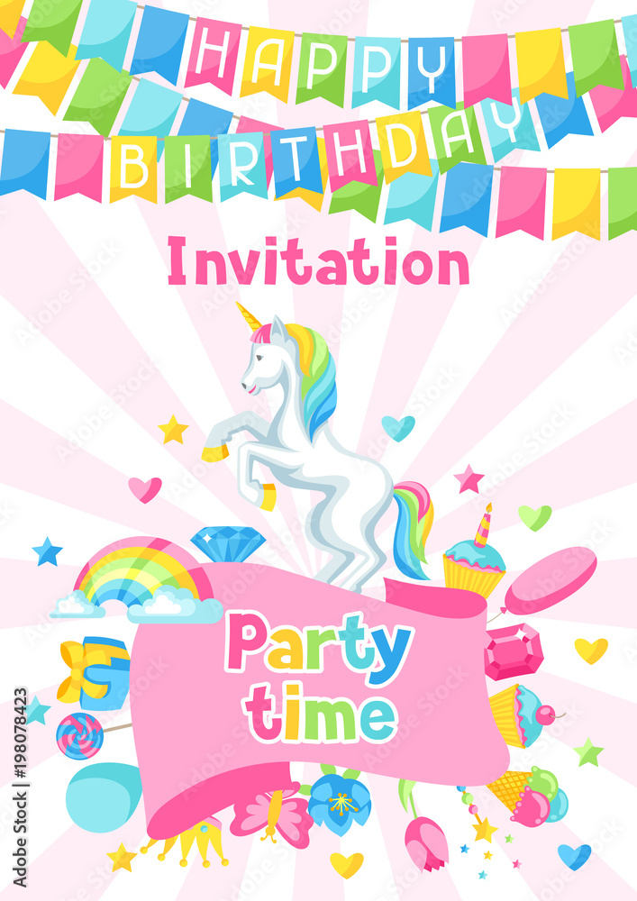 Happy birthday party invitation with unicorn and fantasy items Happy birthday party invitation with unicorn and fantasy items