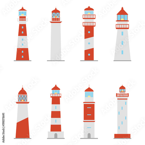 Set of color icons of lighthouses, vector illustration