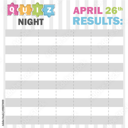 Quiz night thin line concept. Vector illustration - puzzle colored pieces - table with results