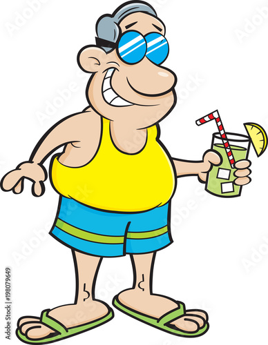 Cartoon illustration of a man wearing a swimsuit and holding a drink.