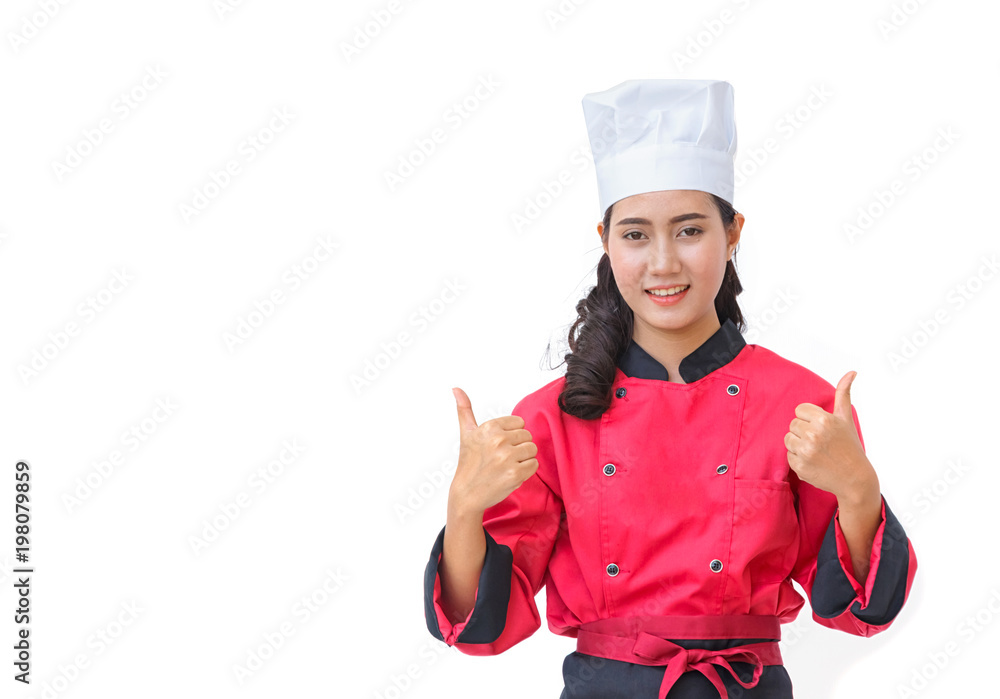 Smiling chef woman in red uniform showing thumbs up gesture isolated on white Smiling chef woman in red uniform showing thumbs up gesture isolated on white