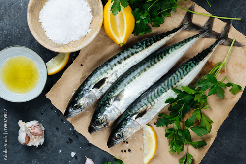 Vászonkép Fresh mackerel fish with ingredients to cook