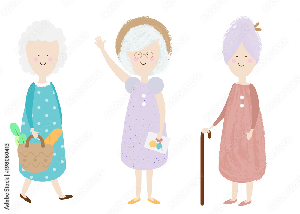 Elderly women. Happy old lady. Cartoon senior female. Grandmother shopping,  standing. Retired activity Isolated clip art Stock Vector | Adobe Stock