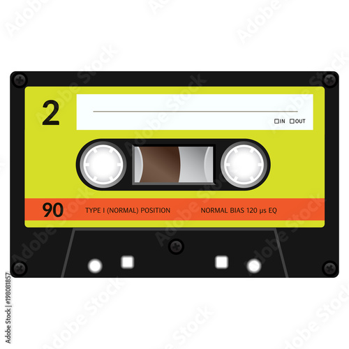 Vintage audio cassette tape design, flat illustration.