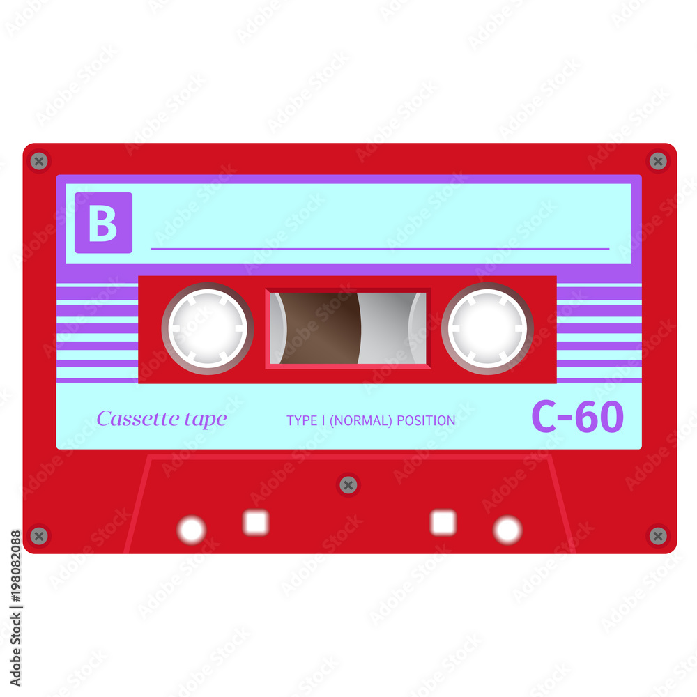 Fototapeta premium Vintage cassette illustration, simple flat design on white background.