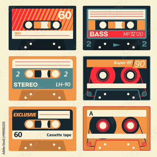 Vintage cassette set. Retro audio cassettes in colour.
