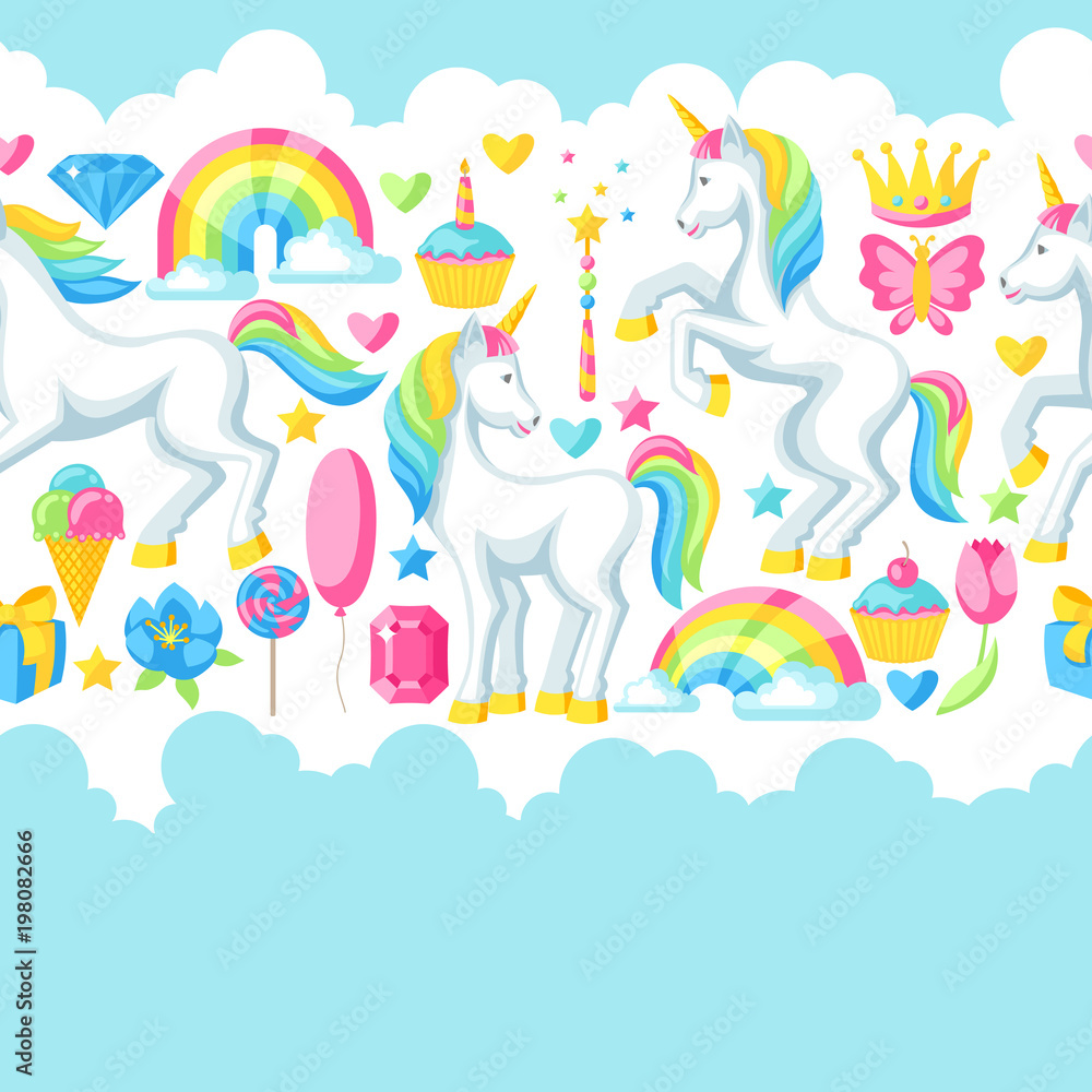 Obraz premium Seamless pattern with unicorns and fantasy items
