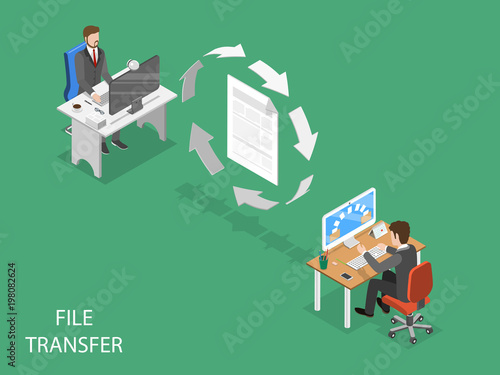 File transfer flat isometric vector concept. Circular arrows are moving indicating data exchange between two office employees.