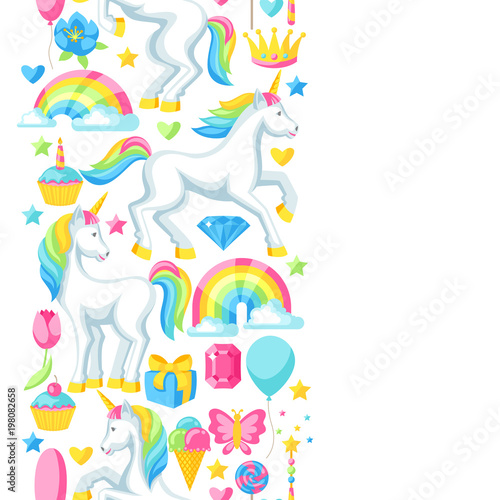 Seamless pattern with unicorns and fantasy items