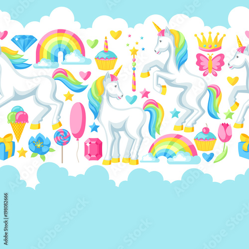Seamless pattern with unicorns and fantasy items