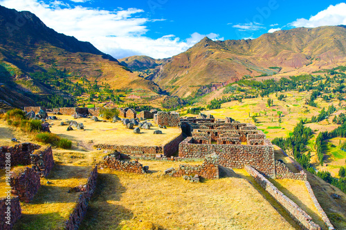 Ruins of Incan fortress Pisaq, Urubamba Valley, Peru photo