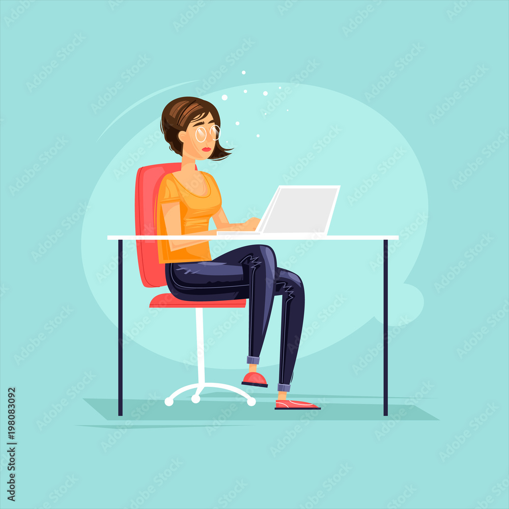 Business characters. Girl is working at the computer. Co working people, meeting. Workplace. Office life. Flat design vector illustration.