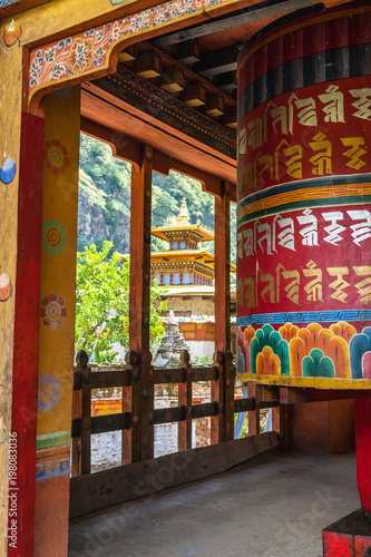 Prayer wheel and temple at the school of the Buddhist religion near Chorten Kora - Bhutan