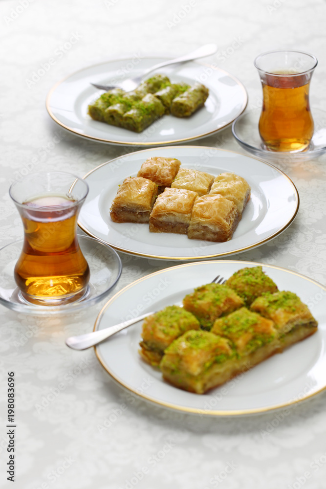 turkish traditional desserts, baklava variations & tea