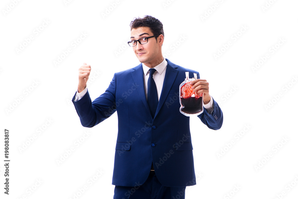 Businessman with blood bag isolated on white Businessman with blood bag isolated on white