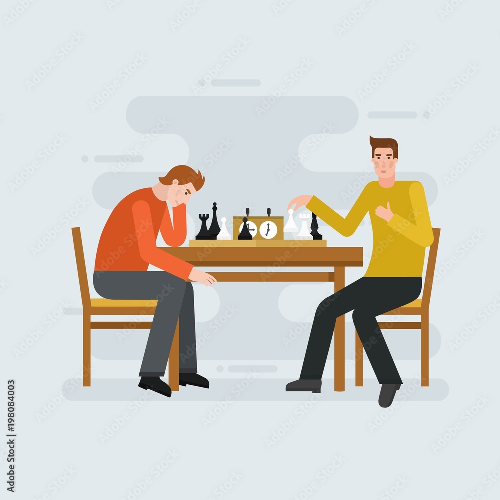 Two young men playing chess - flat vector illustration for banners, apps and web. Business strategy concept.