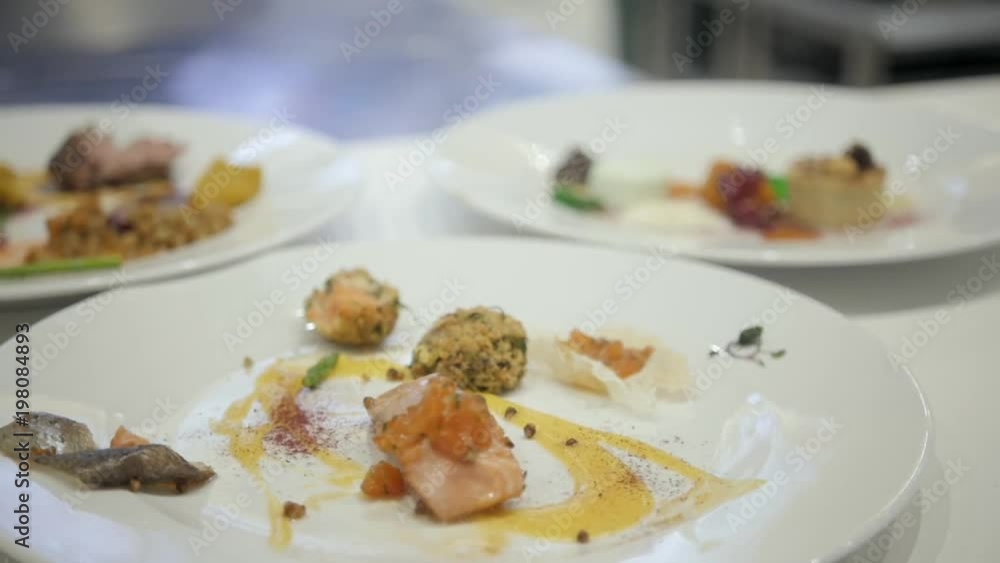 Set of dishes prepared in restaurant chef contest competition, michelin star restaurat food, event expo contest catering Set of dishes prepared in restaurant chef contest competition, michelin star restaurat food, event expo contest catering