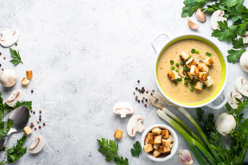 Canvas Print Mushroom Soup puree with croutons