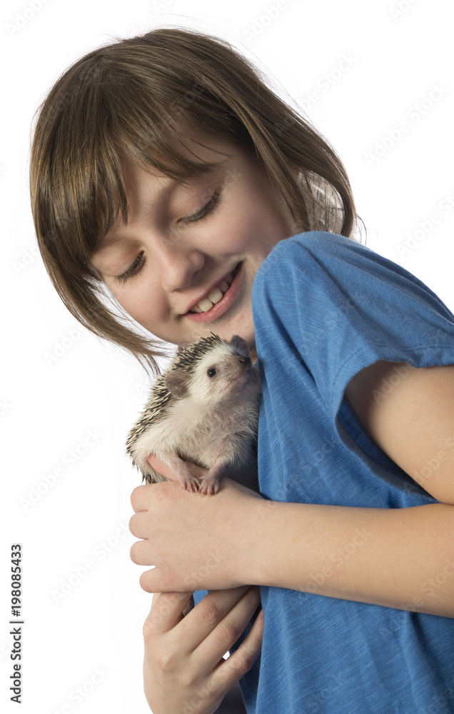 a happy litle girl with African pygmy hedgehog a happy litle girl with African pygmy hedgehog