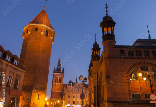 Market Hall, St Catherine Church and St Hyacinth Tower in Gdansk at night