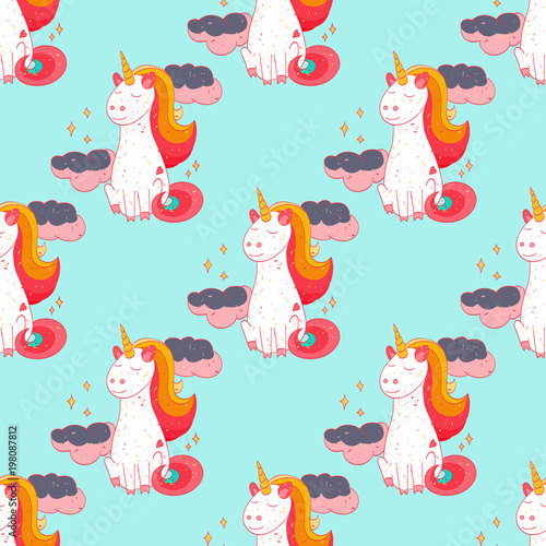 Fairytale unicorn seamless pattern. Cartoon style pattern design.