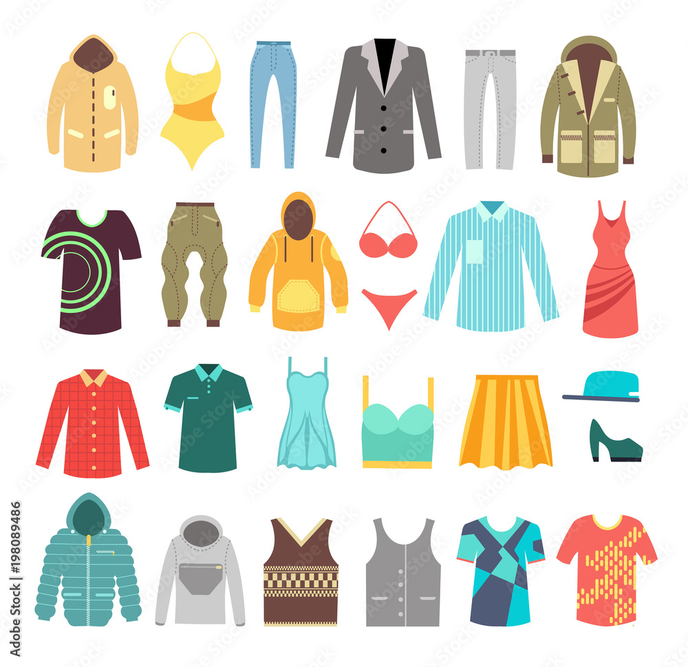 Modern stylish man and woman clothes, shoes and accessories vector icons Modern stylish man and woman clothes, shoes and accessories vector icons
