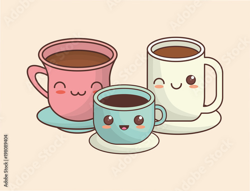 kawaii coffee mugs over white background, colorful design. vector illustration