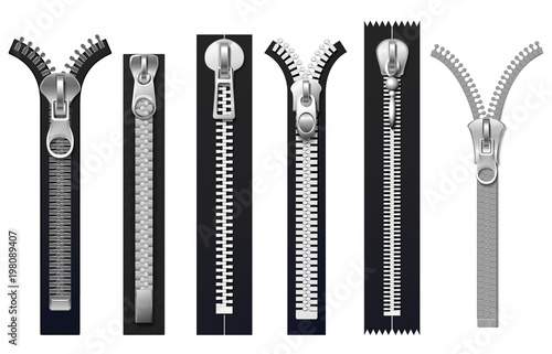 Clothing fasteners, metal zippers isolated vector set