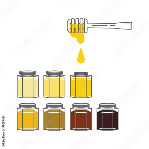 Several jars with honey of different colors