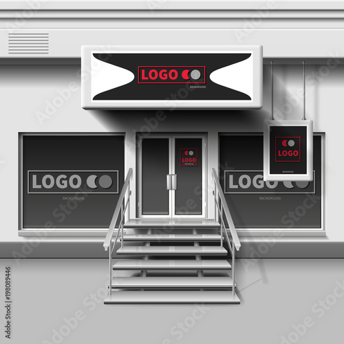 Shop exterior vector template. 3d storefront with entrance door