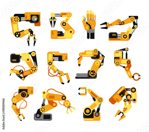 Industrial robotic arms manufacture technology assembly equipment vector set