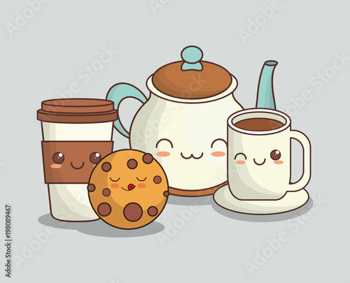 kawaii coffee cup and related icons over white background, colorful design. vector illustration