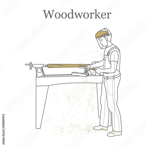 Turner works behind a lathe, processes a wooden bar.