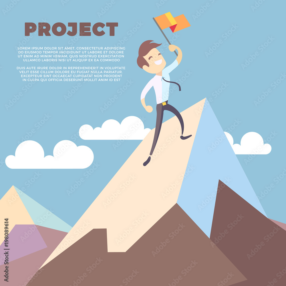 Obraz premium Business man holding flag on mountain peak vector background