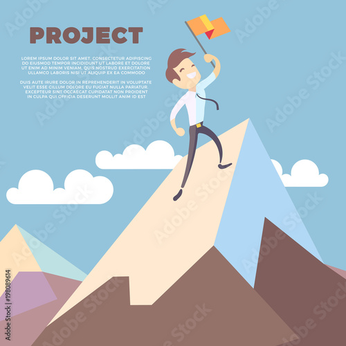 Business man holding flag on mountain peak vector background