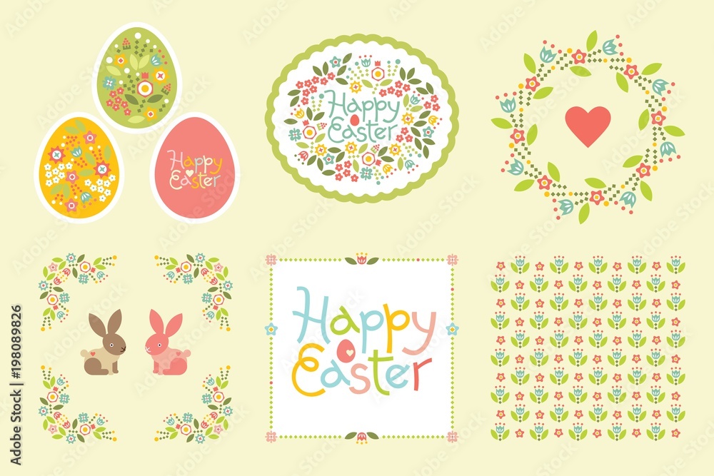 Easter set of design elements in pastel colors. Gentle seamless pattern and frame for announcements, greeting cards, posters, advertisement. Vector illustration