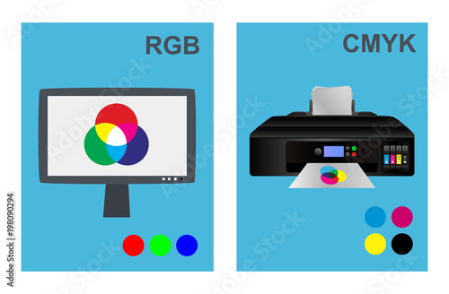 Vector RGB and CMYK concept with lcd monitor and office printer in flat style